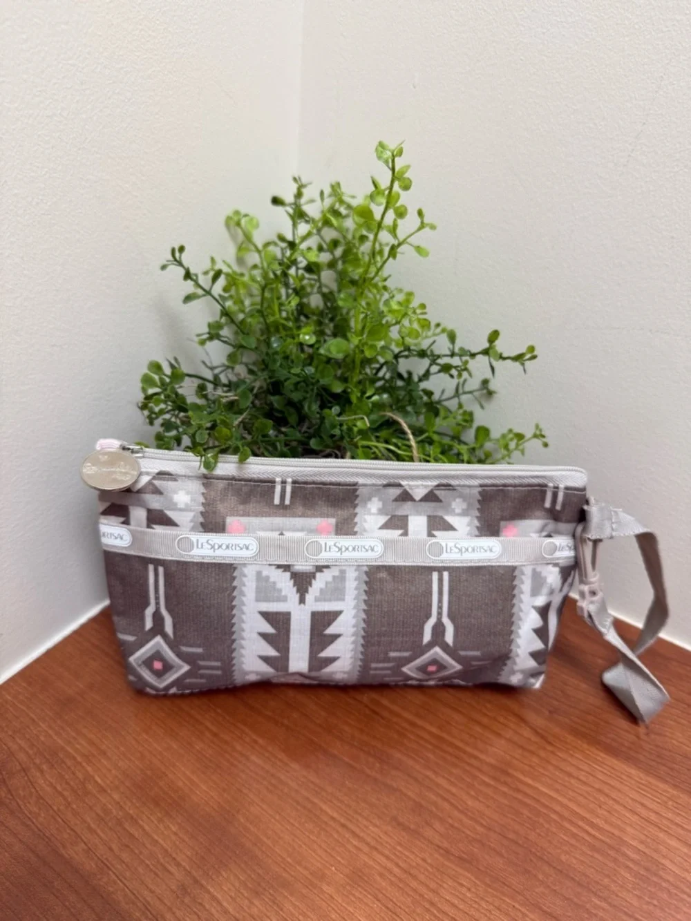 LeSportsac Gray Southwestern Print Wristlet with Pink Accents